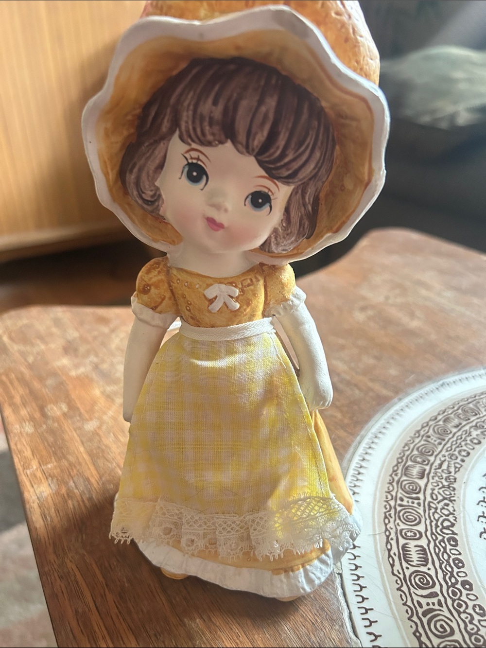 vintage 70’sYellow Gingham Doll Figurine  bank with Bonnet -